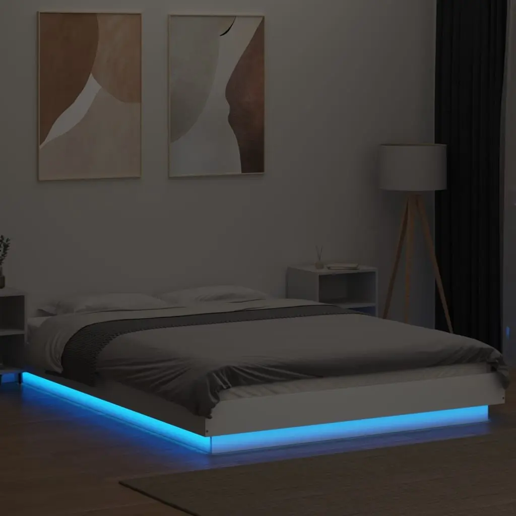 White Bed Frame with RGB LED Lights Slatted Base 135x190 cm Bedroom Furniture