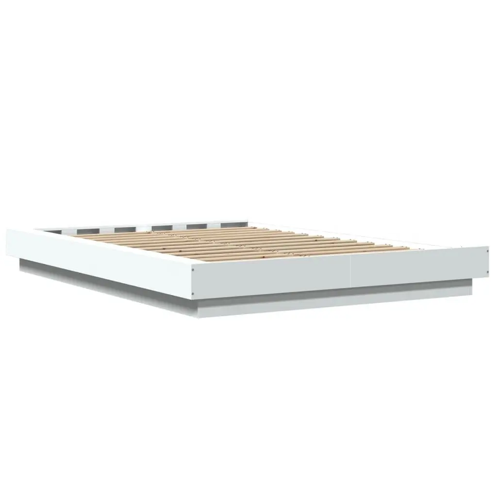 White Bed Frame with RGB LED Lights Slatted Base 135x190 cm Bedroom Furniture