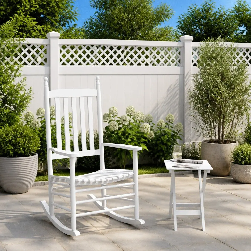 Rocking Chair with Foldable Side Table White Wooden Armrests Patio Furniture