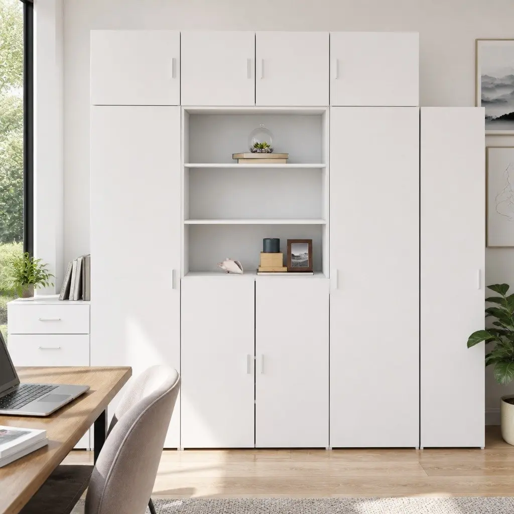 Storage Cabinet White Tall Engineered Wood Cupboard Vertical Space Saving
