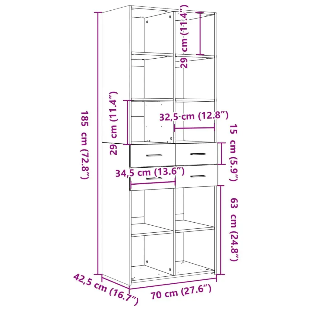 Highboard Sideboard Storage Cabinet Brown Engineered Wood 70x42.5x185cm Modern