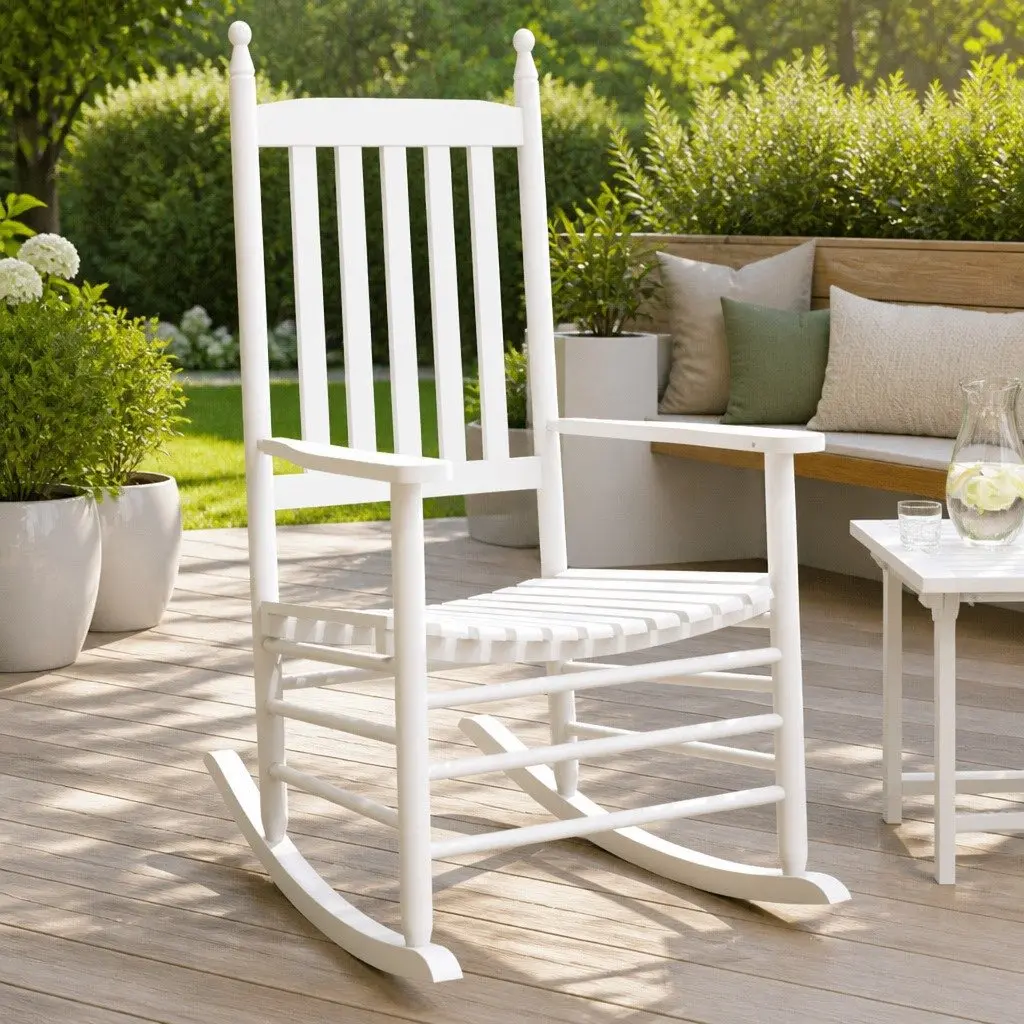Rocking Chairs White Solid Wood High Back Curved Seat with Armrests Set of 2