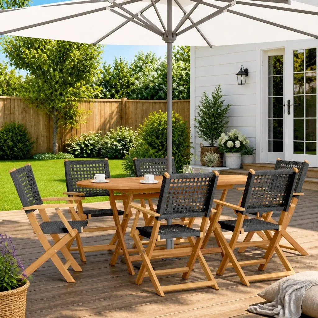 7 Piece Garden Dining Set Black Poly Rattan Solid Wood Outdoor Furniture Patio