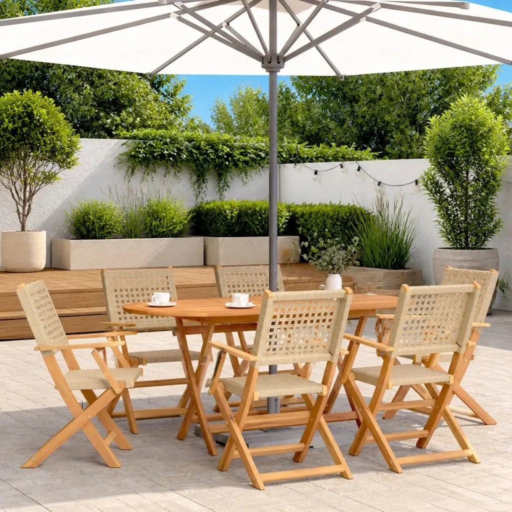 7 Piece Patio Dining Set Acacia Wood and PE Poly Rattan Beige Outdoor Furniture