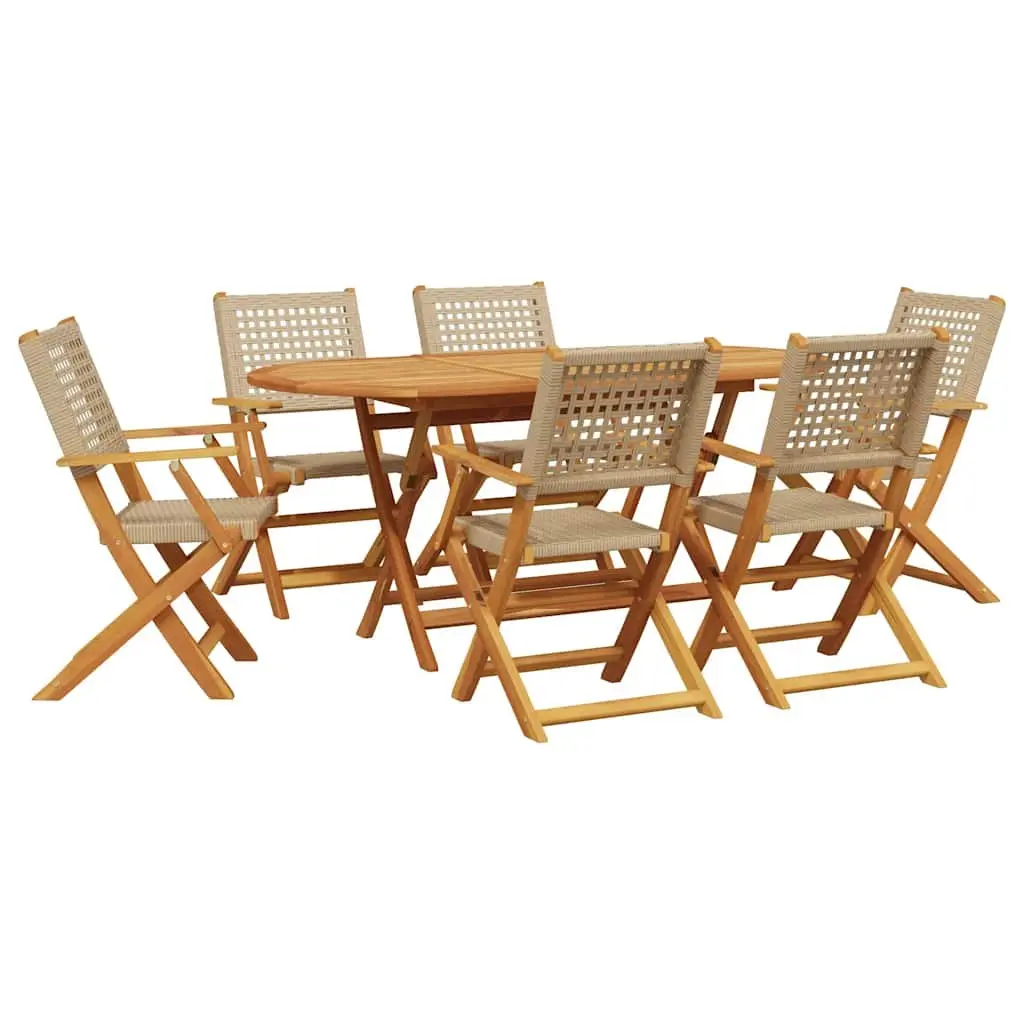 7 Piece Patio Dining Set Acacia Wood and PE Poly Rattan Beige Outdoor Furniture