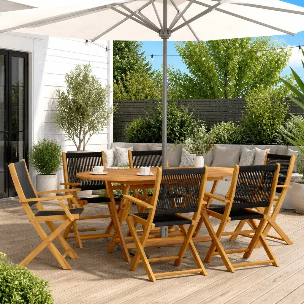 7 Piece Foldable Garden Dining Set Black Acacia Wood Table and Chairs for Outdoor Patio