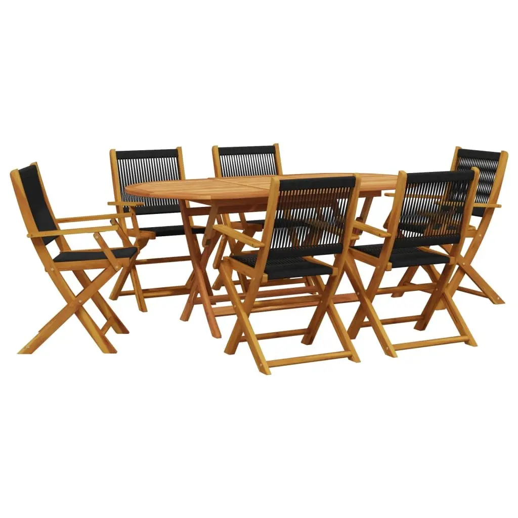7 Piece Foldable Garden Dining Set Black Acacia Wood Table and Chairs for Outdoor Patio