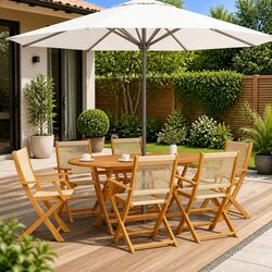 7 Piece Outdoor Dining Set Beige Garden Patio Table Chairs Foldable