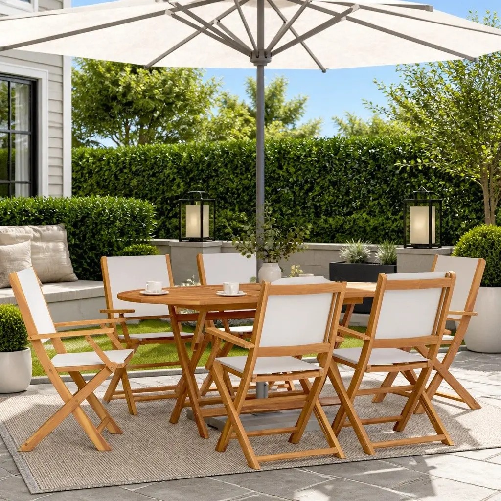 7 Piece Garden Dining Set White Fabric Solid Wood Outdoor Patio Furniture
