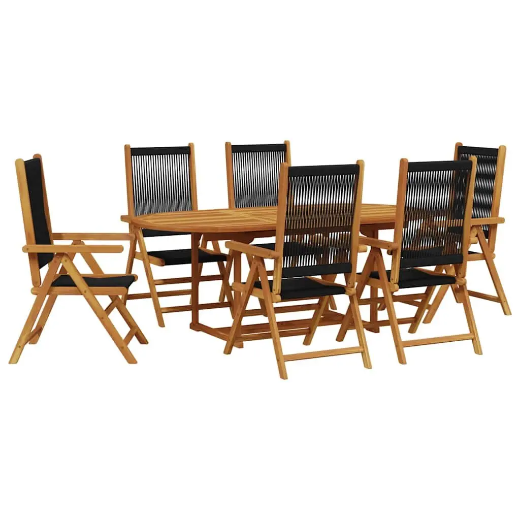 Outdoor Dining Set 7 Piece Black PE Rattan Solid Acacia Wood Patio Furniture
