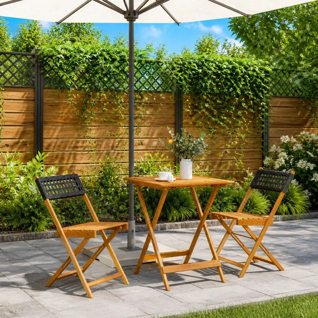 3 Piece Bistro Set Outdoor Furniture Poly Rattan Acacia Wood Black Garden Patio