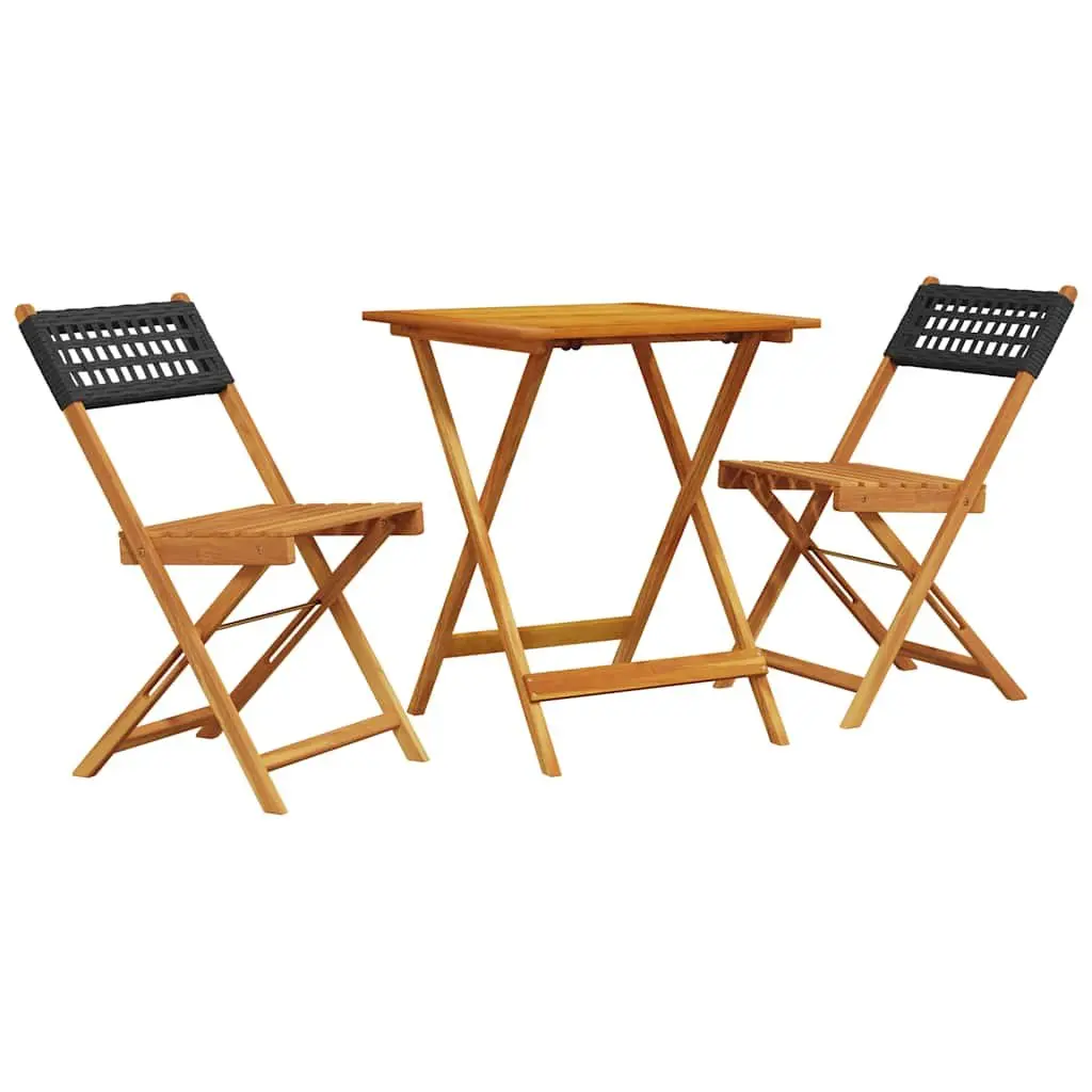 3 Piece Bistro Set Outdoor Furniture Poly Rattan Acacia Wood Black Garden Patio