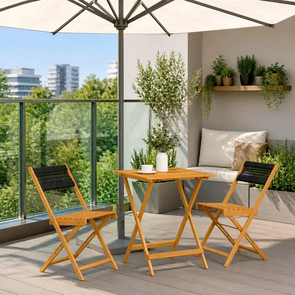 3 Piece Bistro Set Solid Acacia Wood Foldable Outdoor Dining Table Chairs Black