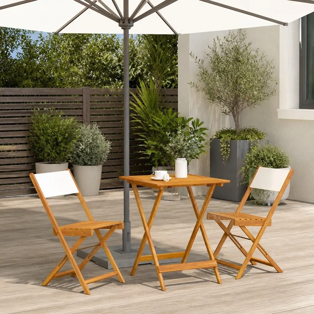 3 Piece Outdoor Bistro Set Foldable Solid Acacia Wood White Cream Indoor Garden Patio Furniture