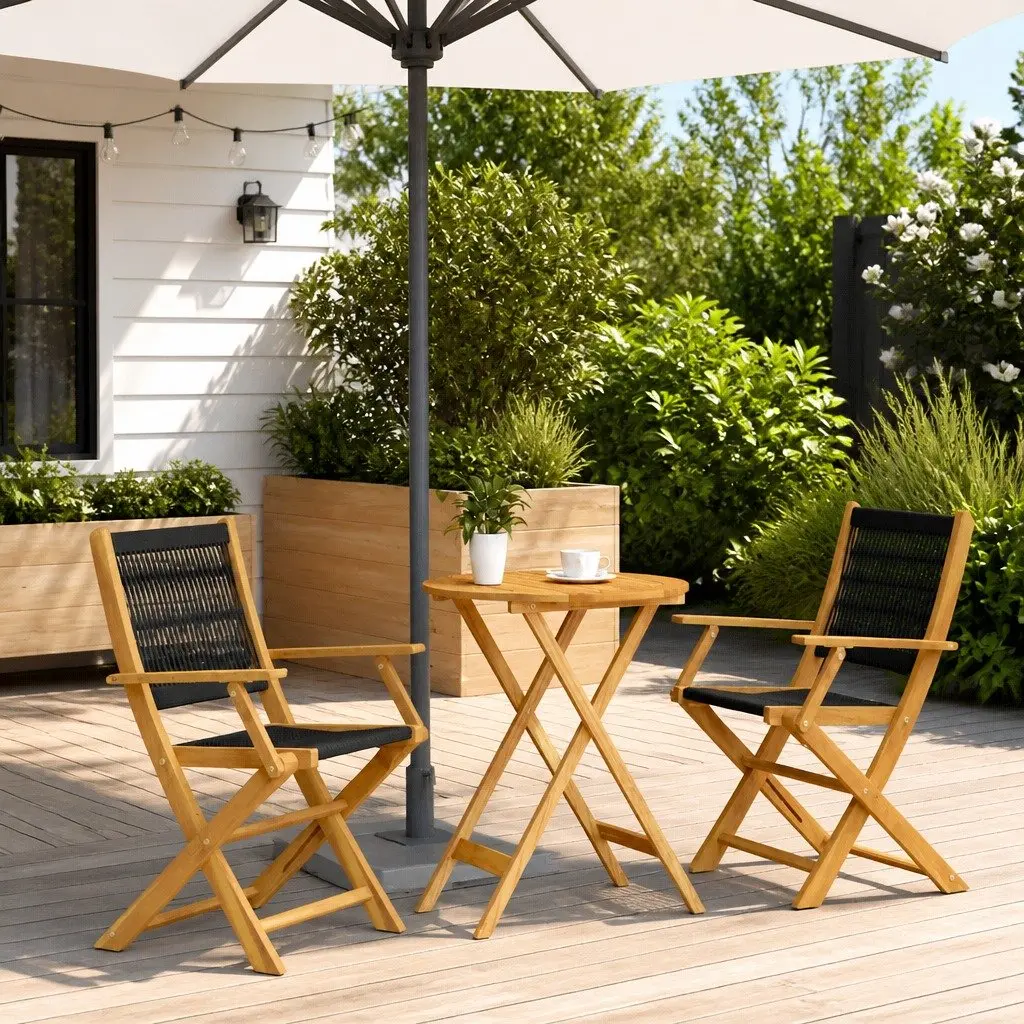 3 Piece Bistro Set Solid Acacia Wood Foldable Table and Chairs Black Outdoor Garden Furniture