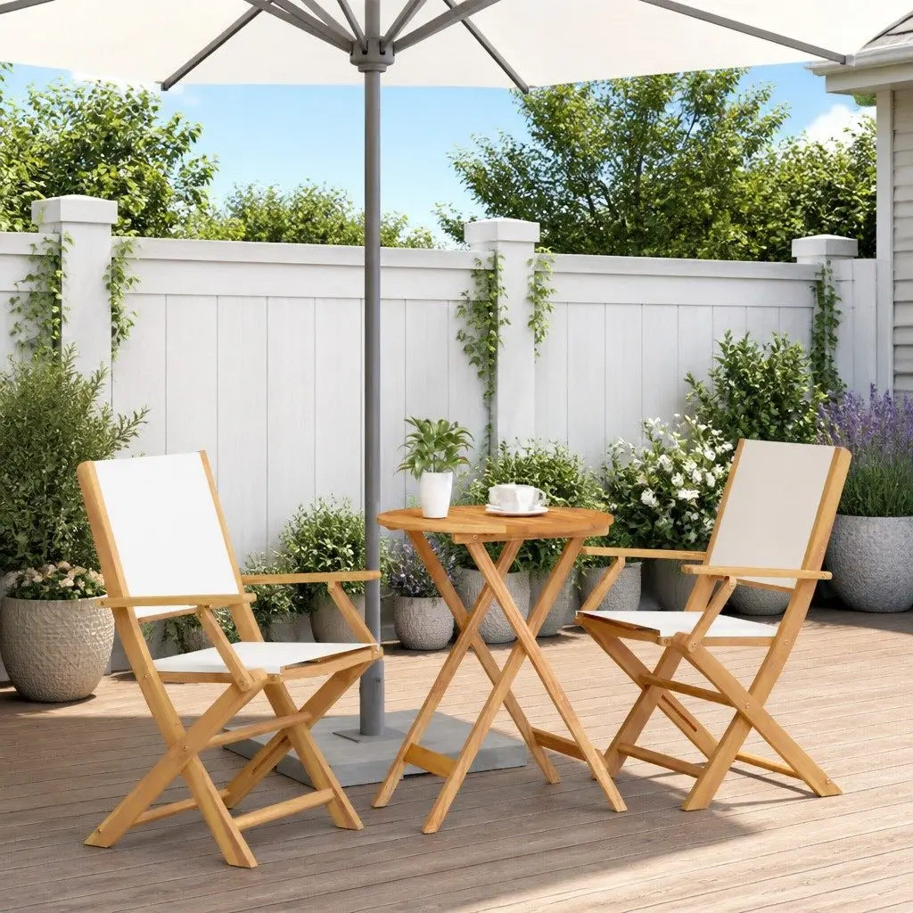 3 Piece Outdoor Bistro Set White Cream Fabric Solid Wood Garden Patio Furniture