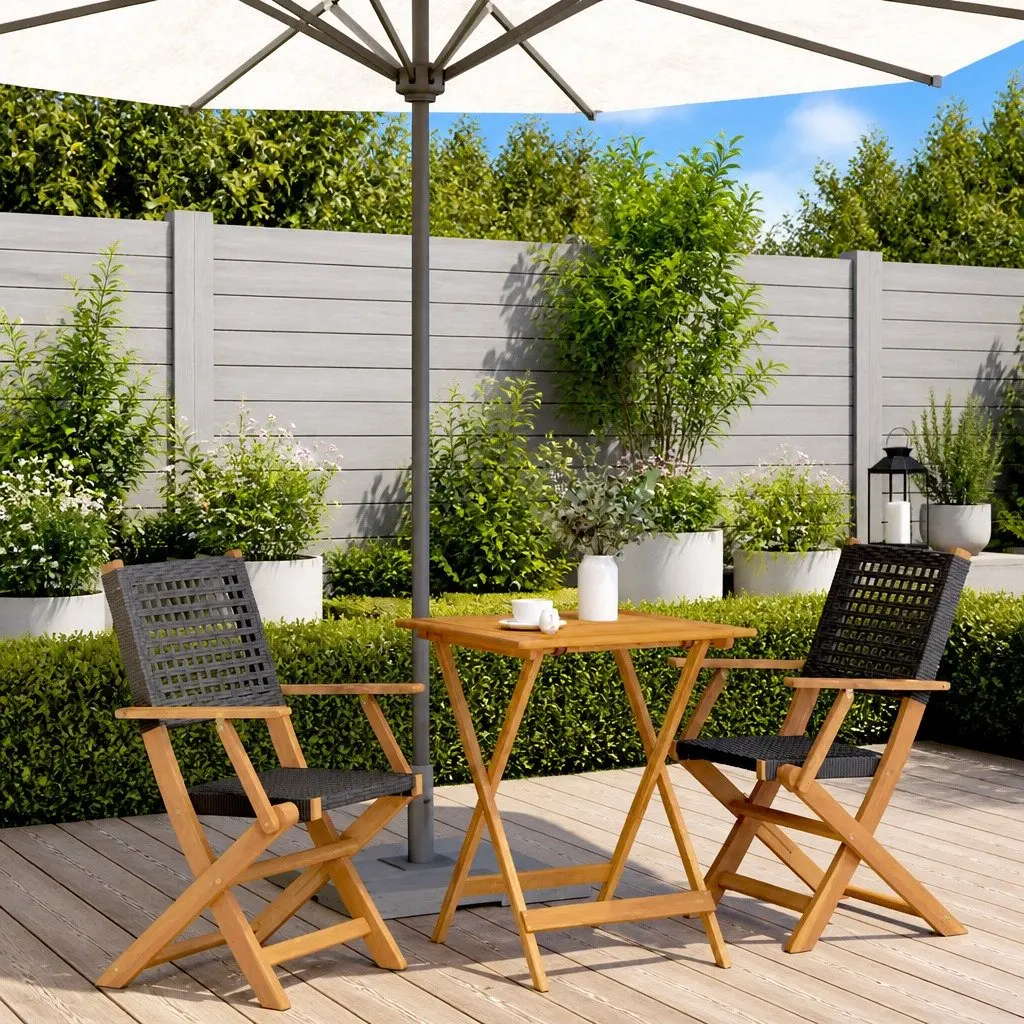 3 Piece Bistro Set Foldable Outdoor Garden Furniture Black Poly Rattan Solid Acacia Wood