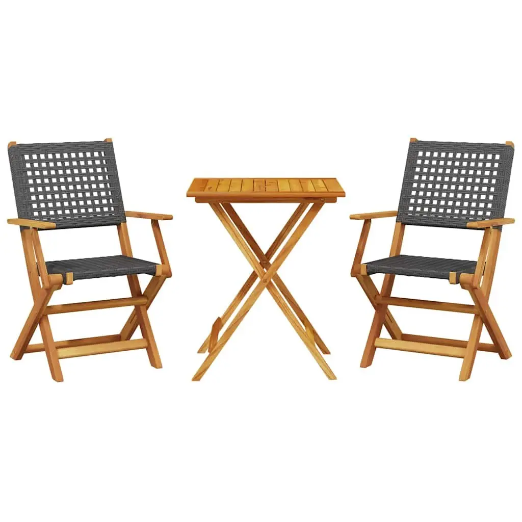 3 Piece Bistro Set Foldable Outdoor Garden Furniture Black Poly Rattan Solid Acacia Wood