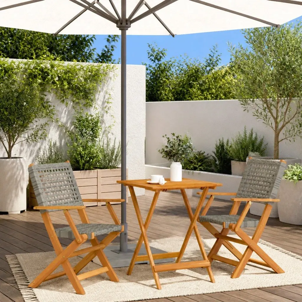 3 Piece Foldable Bistro Set Grey Poly Rattan Acacia Wood Outdoor Garden Furniture