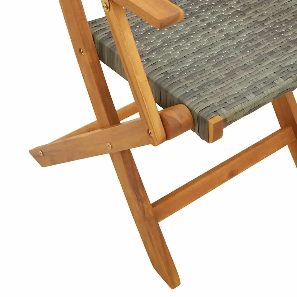 3 Piece Foldable Bistro Set Grey Poly Rattan Acacia Wood Outdoor Garden Furniture