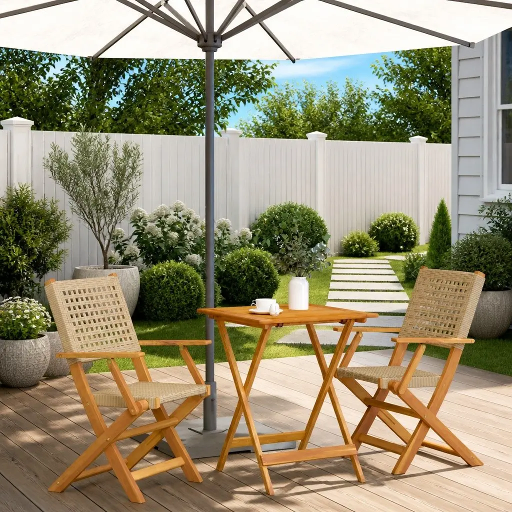 Bistro Set 3 Piece Foldable Outdoor Furniture Solid Acacia Wood Beige Poly Rattan