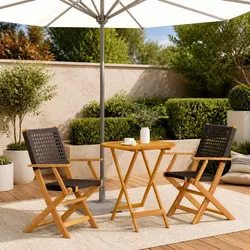 3 Piece Bistro Set Black Poly Rattan Solid Wood Outdoor Garden Furniture