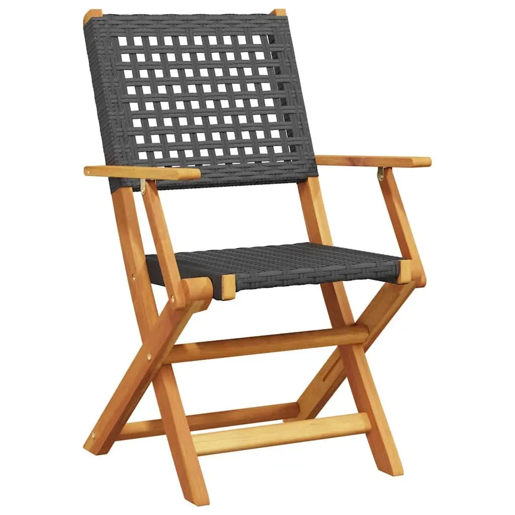 3 Piece Outdoor Bistro Set Foldable Black Poly Rattan Acacia Wood Garden Furniture