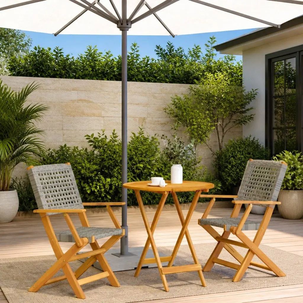 3 Piece Bistro Set Grey PE Rattan Outdoor Furniture Solid Acacia Wood Frame