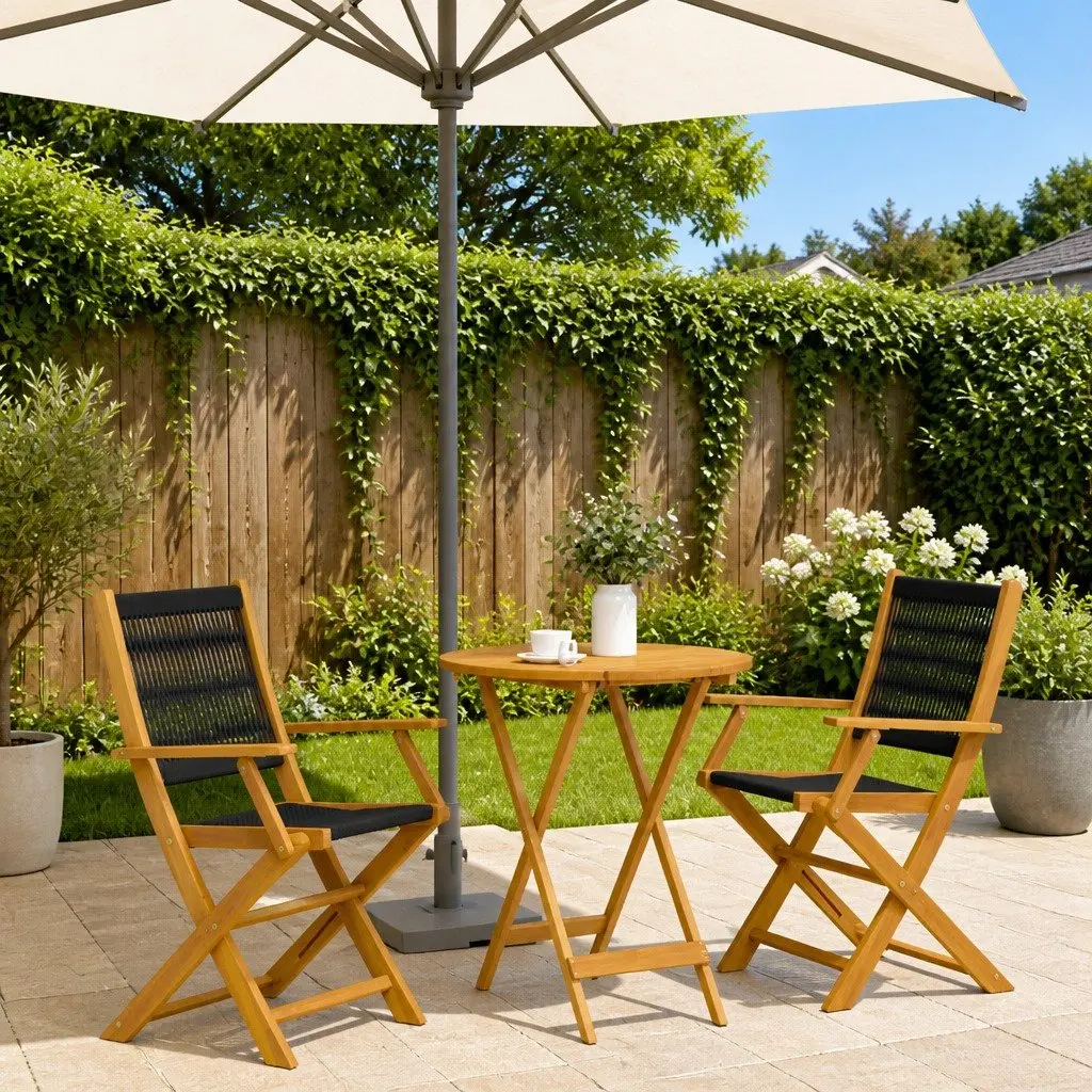 3 Piece Bistro Set Solid Wood Foldable Table and Chairs Black