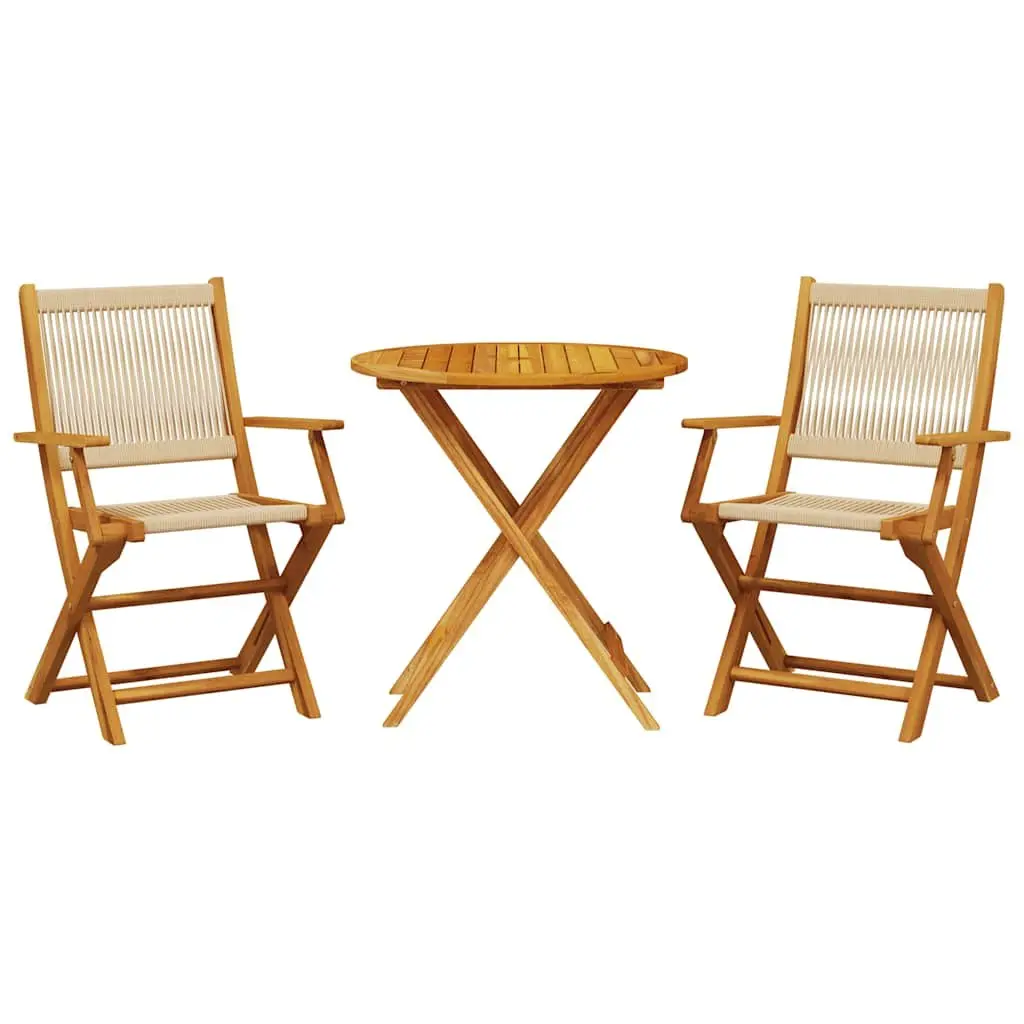 Beige 3 Piece Foldable Bistro Set Outdoor Garden Furniture Acacia Wood Table and Chairs for Balcony