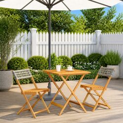 3 Piece Bistro Set Grey Outdoor Garden Furniture Rattan Wood Patio Dining Table