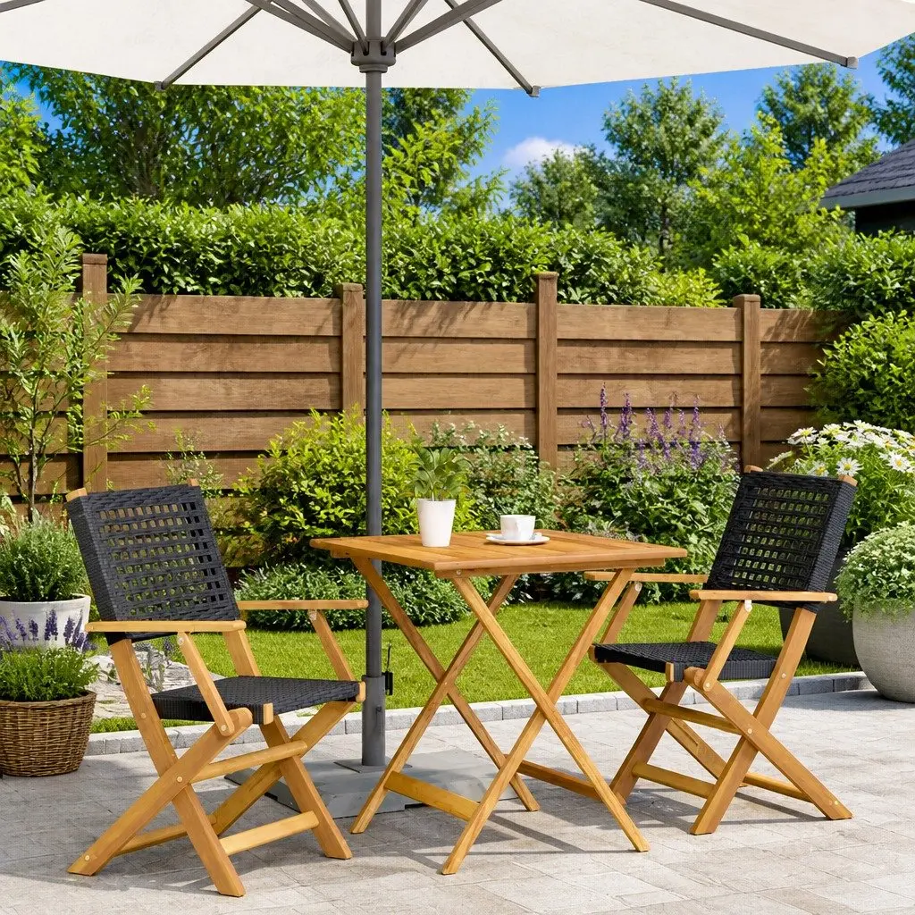 3 Piece Bistro Set Black Poly Rattan Solid Wood Outdoor Garden Patio Furniture