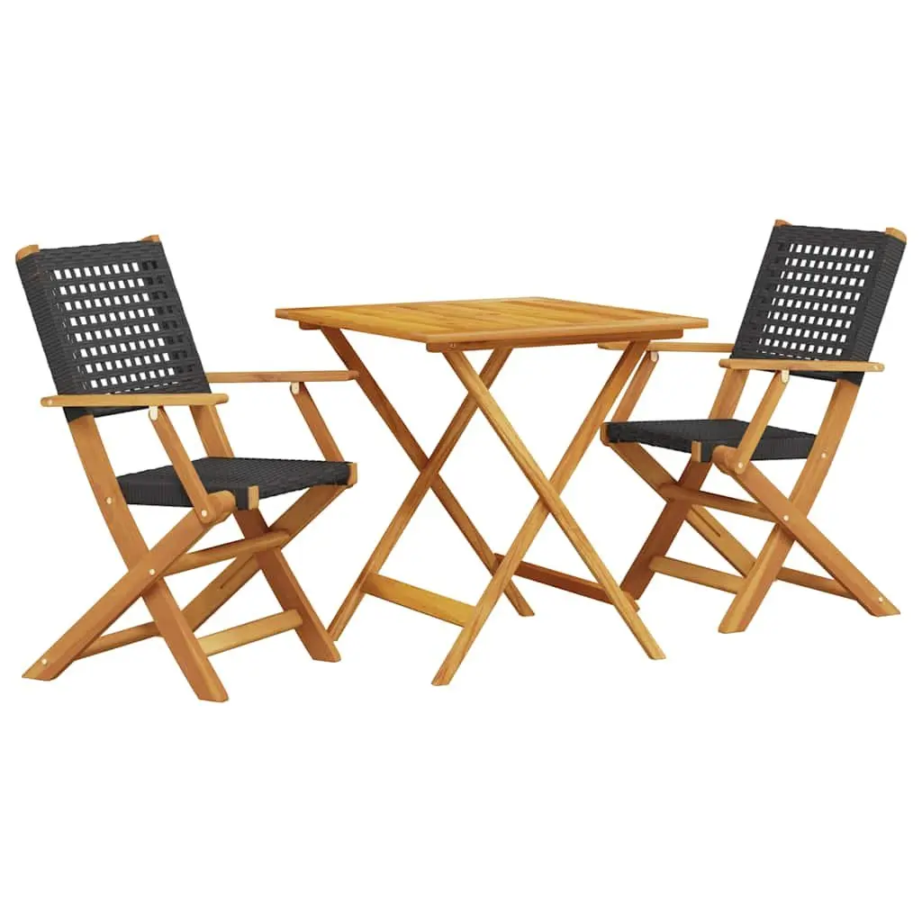 3 Piece Bistro Set Black Poly Rattan Solid Wood Outdoor Garden Patio Furniture
