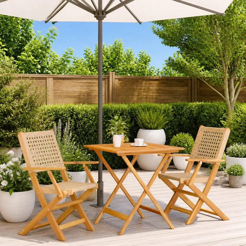 Outdoor Bistro Set 3 Piece Beige Poly Rattan Solid Wood Garden Patio Furniture