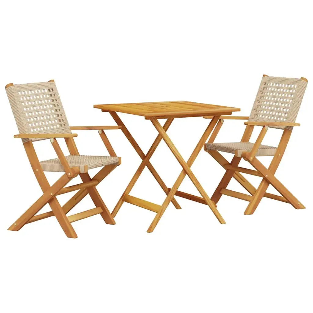 Outdoor Bistro Set 3 Piece Beige Poly Rattan Solid Wood Garden Patio Furniture