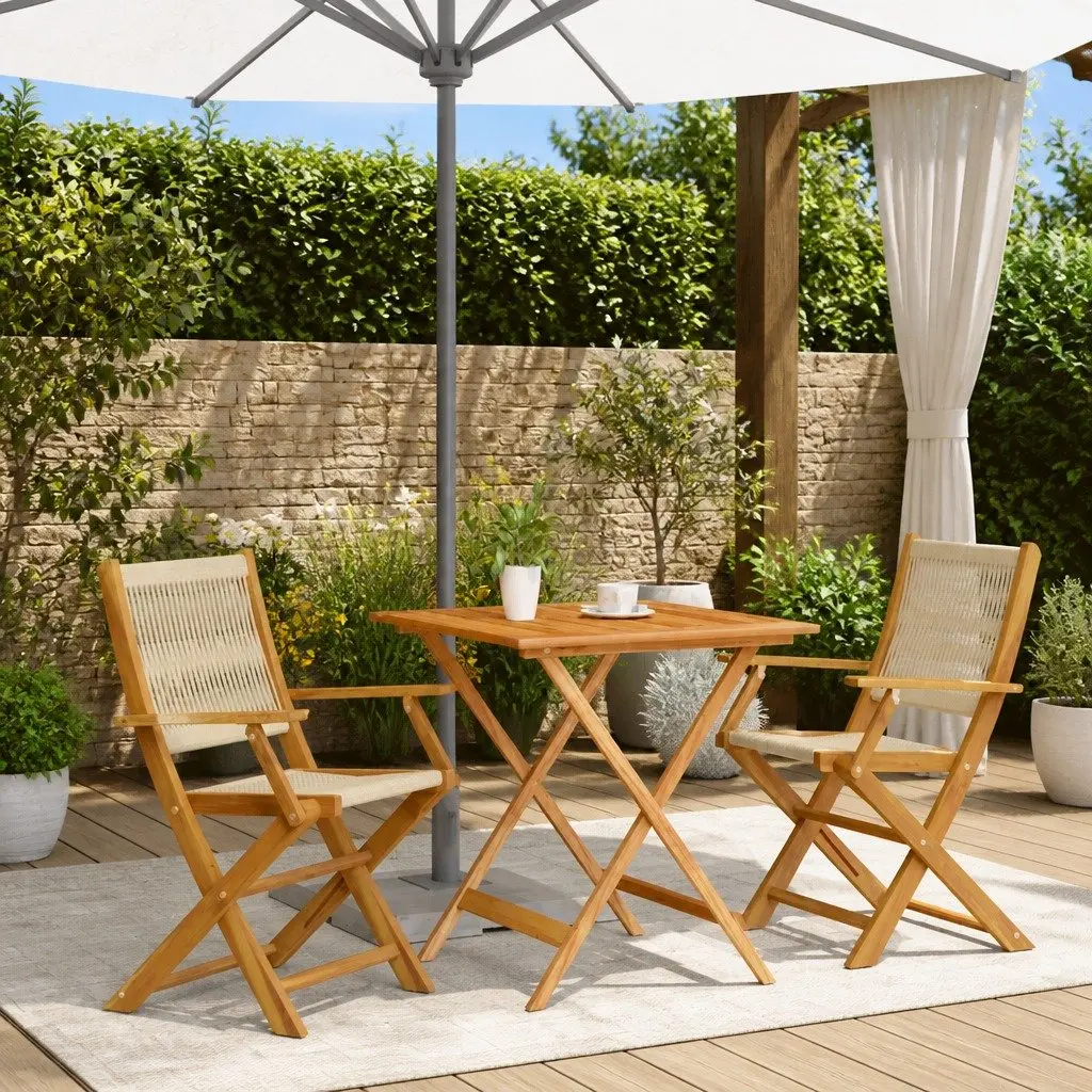 3 Piece Outdoor Bistro Set Foldable Solid Acacia Wood Beige Garden Patio Dining Table and Chairs