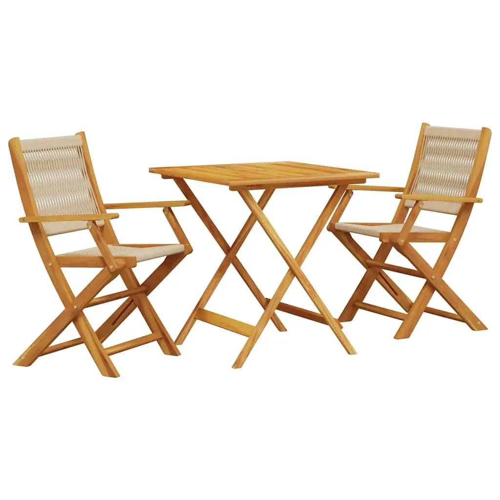 3 Piece Outdoor Bistro Set Foldable Solid Acacia Wood Beige Garden Patio Dining Table and Chairs