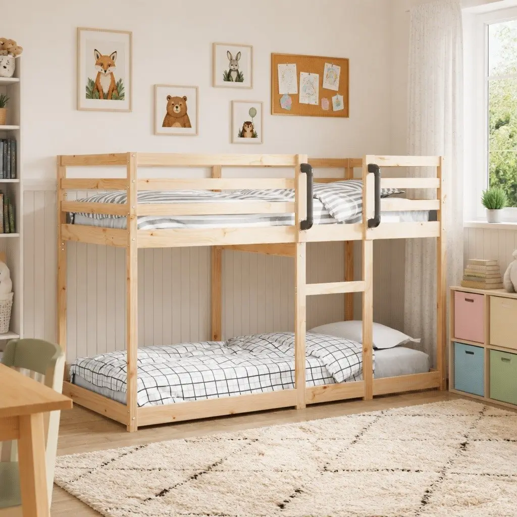 Bunk Bed Solid Pine Wood Frame 90x190 cm Brown Slatted Base Guardrails Space-Saving