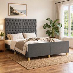 Practical Double Bed Frame with Grey Fabric Headboard