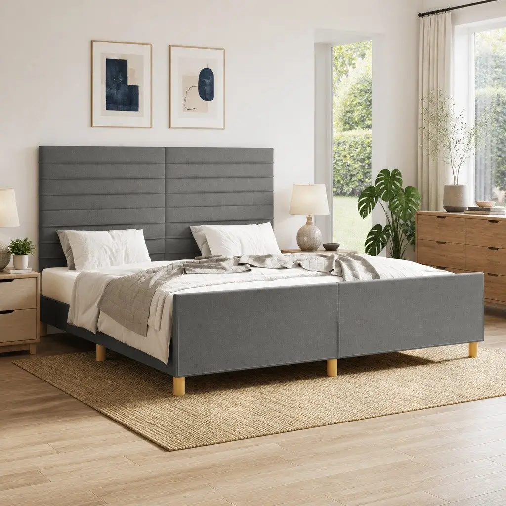 Queen Fabric Bed Frame Adjustable Height Dark Grey Plywood Slats 152x203cm