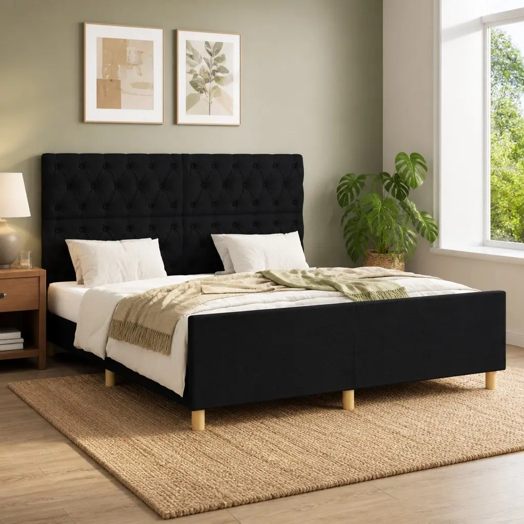 Queen Bed Frame Fabric Black 152x203 cm