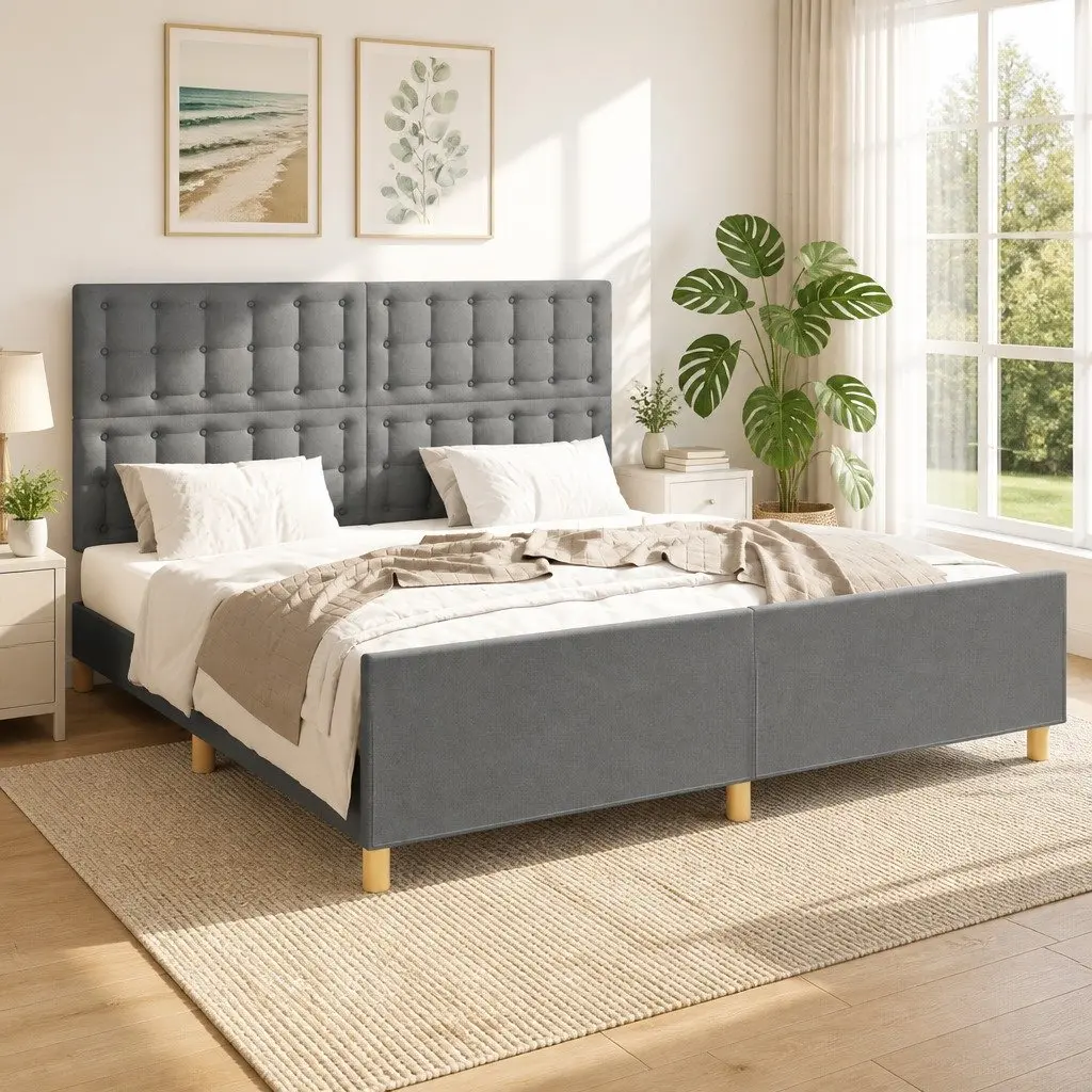 Queen Bed Frame Fabric Upholstery 152x203cm Grey