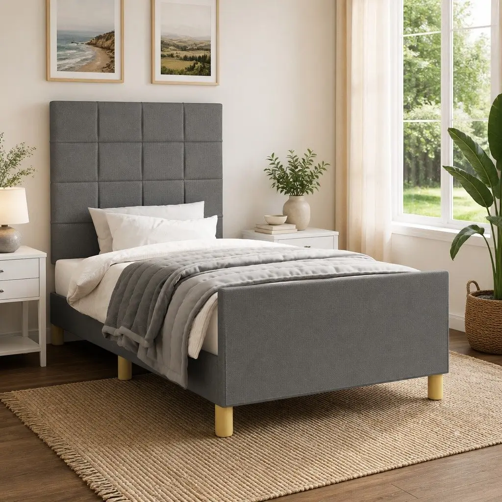 King Single Bed Frame Adjustable Height Dark Grey Upholstered Fabric Plywood Slats 107x203cm