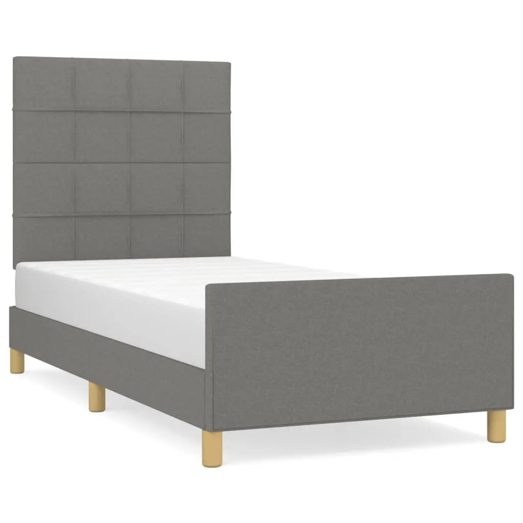 King Single Bed Frame Adjustable Height Dark Grey Upholstered Fabric Plywood Slats 107x203cm