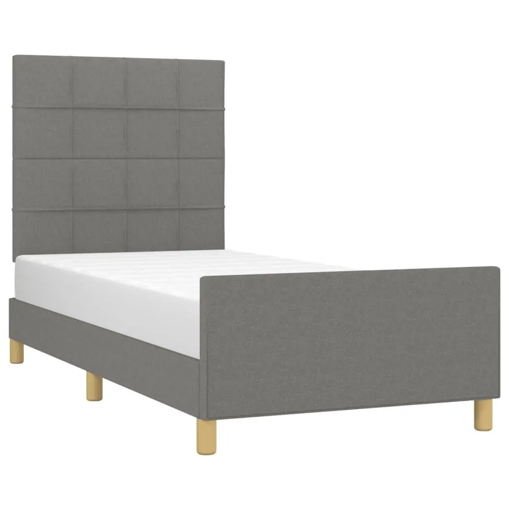 King Single Bed Frame Adjustable Height Dark Grey Upholstered Fabric Plywood Slats 107x203cm