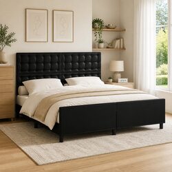 Practical Black Queen Bed Frame with Faux Leather Headboard