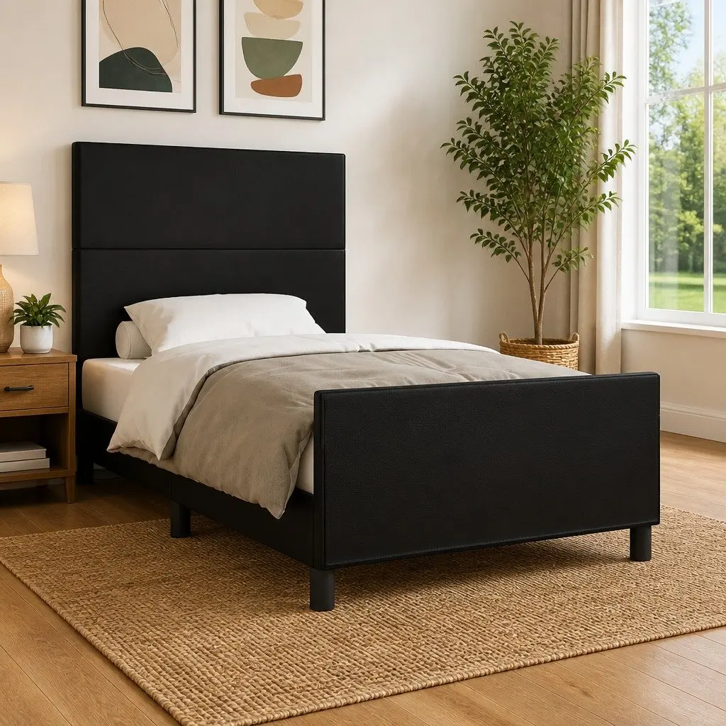 King Single Bed Frame Black Velvet Faux Leather 107x203cm Adjustable Headboard Sturdy Legs