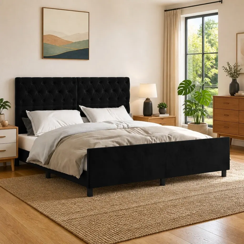 Queen Bed Frame Velvet 152x203cm Black Adjustable Height