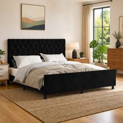 Practical Velvet Queen Bed Frame with Adjustable Height