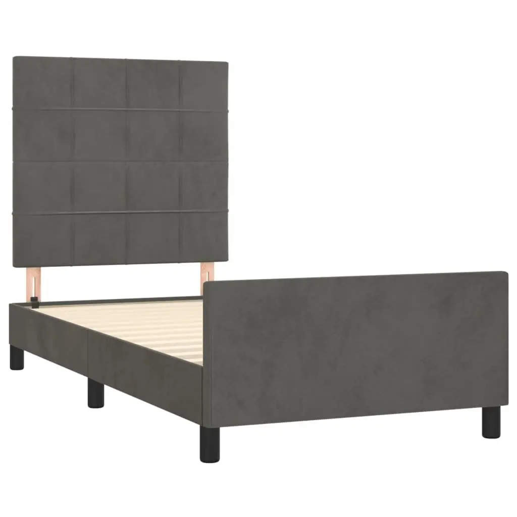 King Single Bed Frame Velvet Grey Adjustable Headboard 107x203cm
